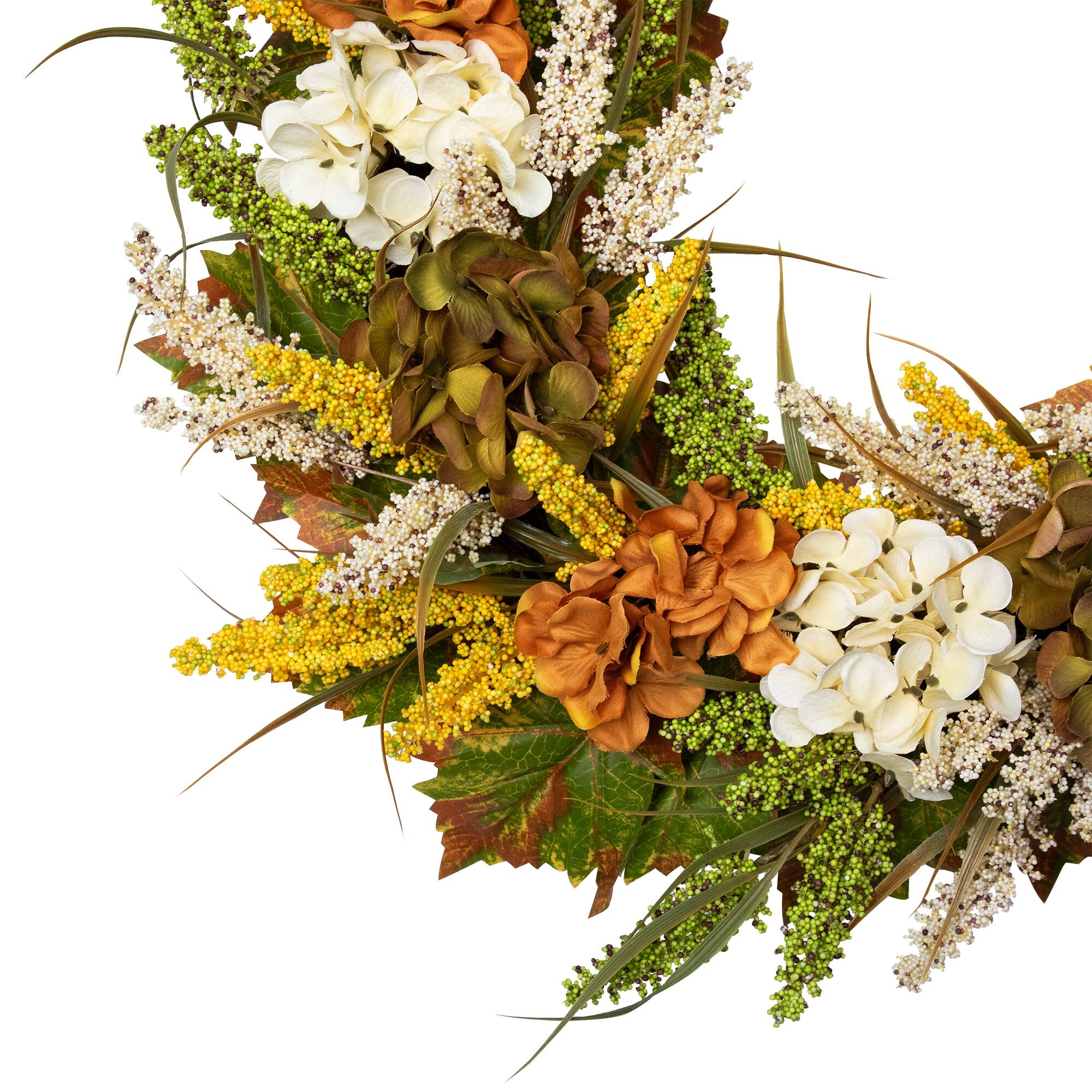 28" White & Orange Hydrangea Artificial Fall Harvest Twig Wreath